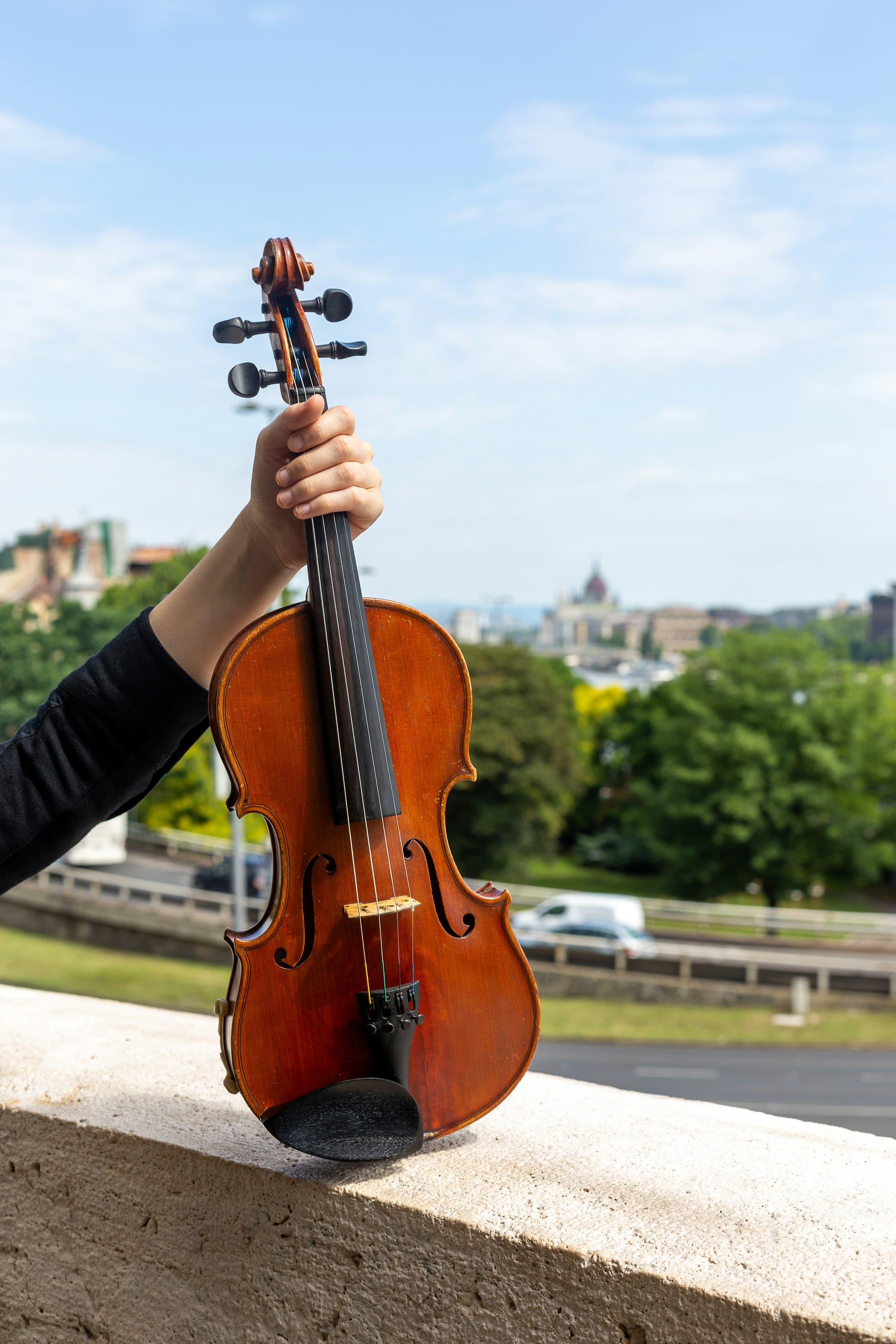 A violin held up outdoors, a city skyline behind
